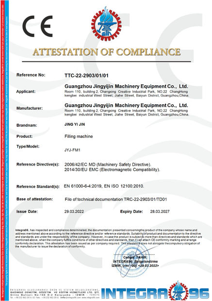 Китай Guangzhou Jingyijin Machinery Equipment Co., Ltd Сертификаты